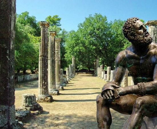 The palaestra of Olympia, a place devoted to the training of wrestlers and other athletes  and Boxer resting after contest (bronze sculpture, BCE 300–200).