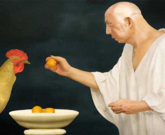 Ancient Roman feeding chicken. Source: AI generated. 