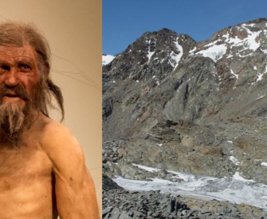Reconstruction of Otzi the Iceman by Alfons & Adrie Kennis. (Thilo Parg/CC BY SA 3.0) View looking down westwards to the Ötzi site. (J.H. Dickson et al)
