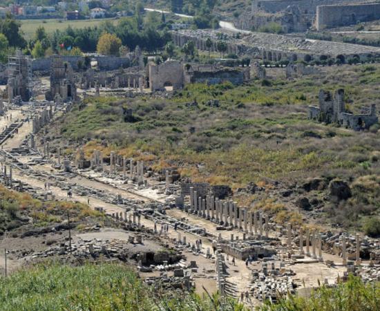 Aerial view of the ancient Roman ruins of the Anatolian city of Perge in modern-day Turkey.