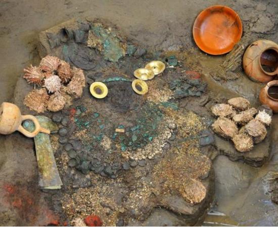 Gold earrings, two knives, a collection of shells, and ceramic containers were uncovered from a flooded Lambayeque tomb. 