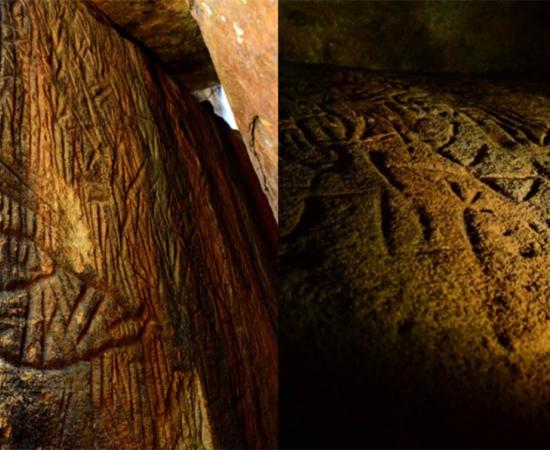 Left; Danigala Chithra Lena, Sri Lanka Petroglyphs - Linear chamber entrance and left wall representing sections of the Petroglyphs, includes anthropomorphic figures, Image © EASL | CCF-Polonnaruwa. Right; Left side wall at the middle of linear chamber representing anthropomorphic figures like human and bind code of mastermind.  Image © EASL | CCF-Polonnaruwa