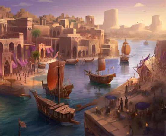 A captivating digital illustration showcasing the bustling life of an ancient Phoenician port city, featuring merchants actively trading goods, a harbor filled with colorful sailboats. Source: Kristian/Adobe Stock