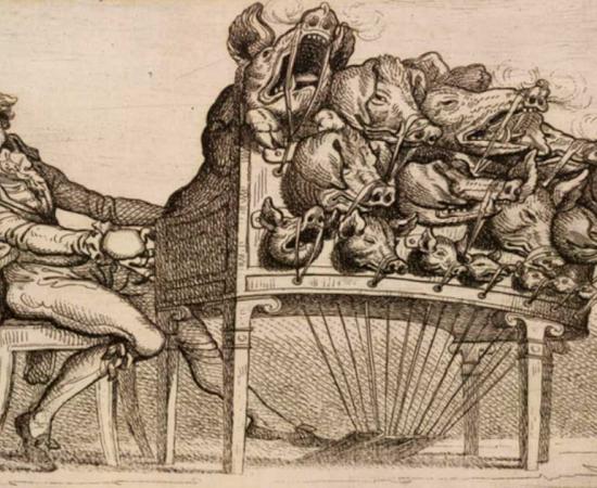 A man playing a fantastic pig organ, or piganino, composed of screaming pigs. Source: British Museum / CC BY-NC-SA 4.0 