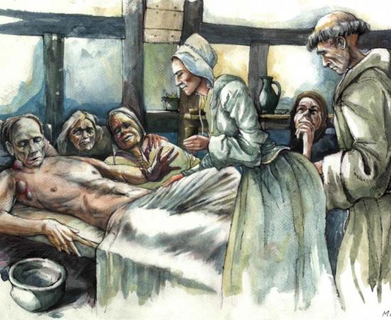 Reconstruction of plague victims being cared for at All Saints Church, Cambridge.      Source: Mark Gridley / European Journal of Archaeology