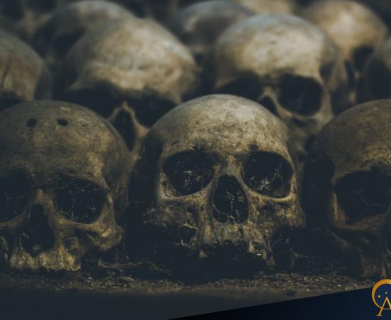 AI image of skulls in a catacomb.
