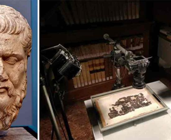 Left; Bust of Greek Philosopher Plato. Right; the carbonized Herculaneum papyri being studied.	Source: Left; CC BY-SA 4.0, Right; Consiglio Nazionale delle Ricerche