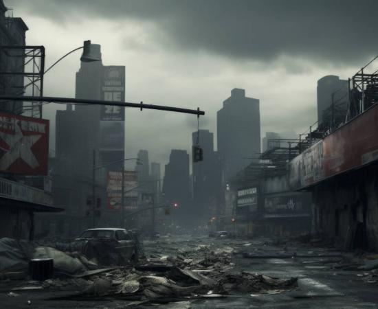 AI image of a future world city, abandoned and destitute and empty of people. 
