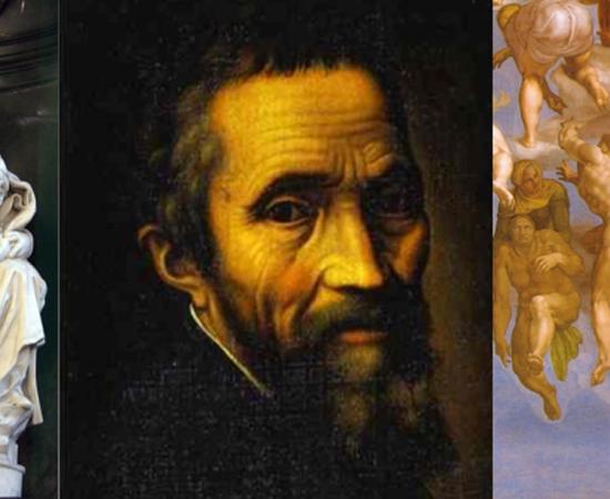 A portrait of Michelangelo flanked by his sculpture ‘Madonna of Bruges’ and a detail of the Redeemed from his painting of ‘The Last Judgement.’ 