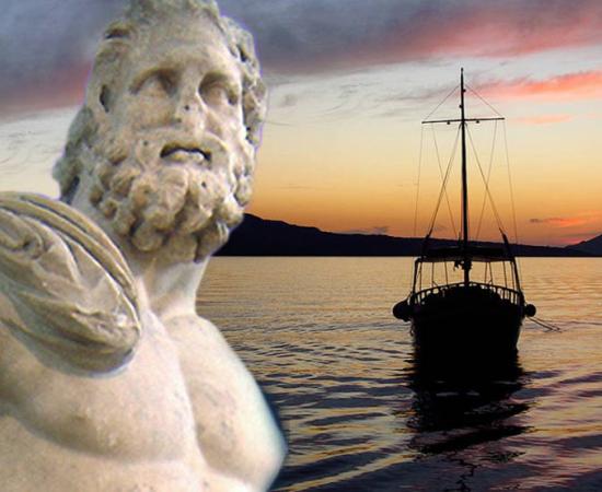 Boat on the Aegean Sea at night in Santorini, Greece - Poseidon