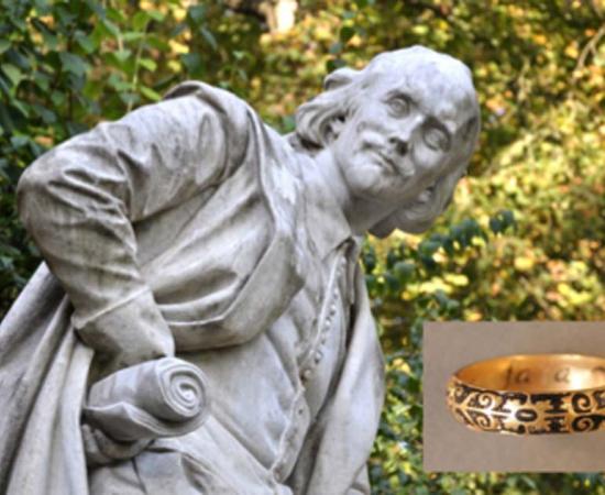 On Left – William Shakespeare. On Right – Representation of posy ring. Source: Left, Steschum / Adobe Stock; Right, Medieval Posy Ring / CC BY-SA 2.0.