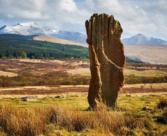 Prehistoric standing stone on Machrie Moor, Isle of Arran. A prehistoric temple has also been discovered recently on the island. 