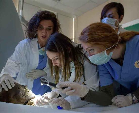 Researchers at the Mummy Project of Milan, Italy around an Egyptian mummy about to enter a CT scan. Earlier this year, Mummy Project researchers began their examination of a famous priest mummy, hoping to learn more about his life, health, and mummification.            Source: Mummy Project