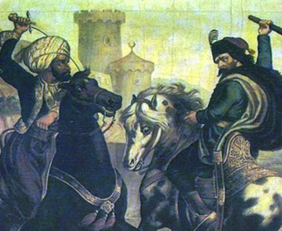 Prince Marko and Musa the Outlaw, 1900 painting by Vladislav Titelbah, the Narodni muzej Museum in Kikinda, Serbia. 