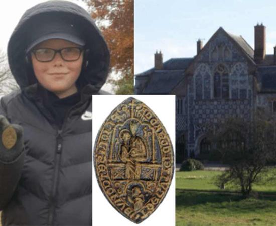 George Henderson holding the priory seal matrix; close up of the seal; Butley Priory that the seal represents.   Source: Hansons Auctioneers