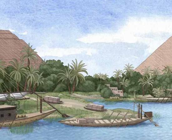 An artist's illustration showing how a now-defunct arm of the Nile River known as the Khufu branch once reached the pyramids, which the Giza pyramid builders used to great advantage to move heavy construction materials according the recent PNAS pollen core study. Source: Alex Boersma / PNAS
