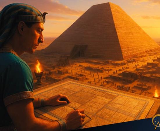 Artistic visualization of a pharaoh supervising pyramid construction.