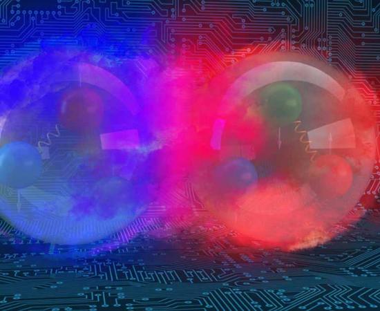 Quantum computer-based simulation of a deuteron - when a neutron (in blue) and a proton (in red) bind together within a nucleus. Source: OLCF / CC BY 2.0