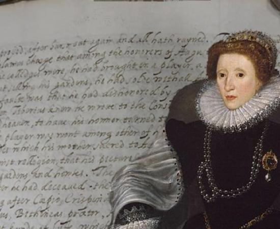 Detail of the manuscript which Queen Elizabeth I is believed to have translated. (Lambeth Palace Library) Insert: Detail of the Sieve Portrait of Queen Elizabeth I (1583) by Quentin Metsys the Younger. (Public Domain)