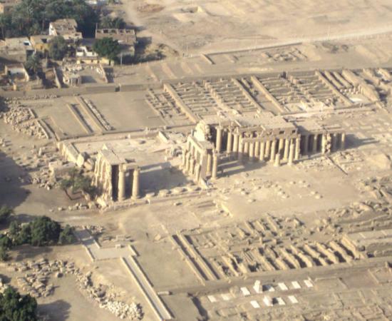 Aerial view of the remains of the Ramesseum, the mortuary temple of Ramesses II.