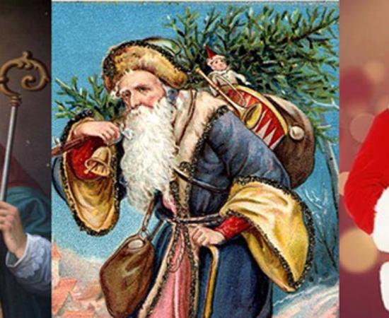 Which is the real Santa Claus? Portrait of Saint Nicholas (BigStockPhoto), Santa Claus with tree and sack (Public Domain), and a modern depiction of Santa Claus.