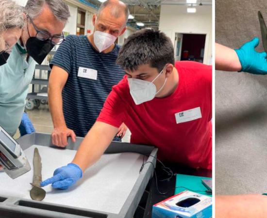 Left: Scientists using an XRF gun to test the sword’s chemical composition. Right: Bronze Age Era sword (1080-900 BC) now proved not to be a replica. Source:  © Field Museum