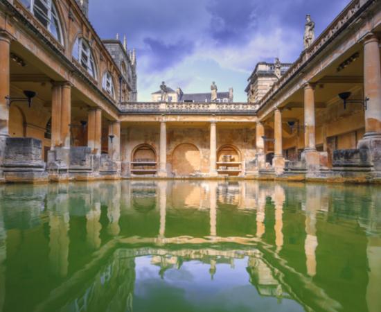 Roman Baths in Bath, England. The house is a well-preserved Roman site for public bathing. 