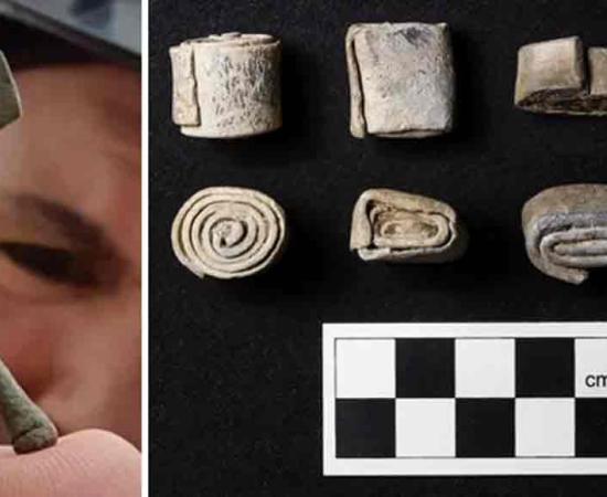 Left: The tiny votive axes were probably utilized within an ancient ceremonial practice.  Right: Rolled up lead Roman curse tablets found at the site. Source: Red River Archaeology Group