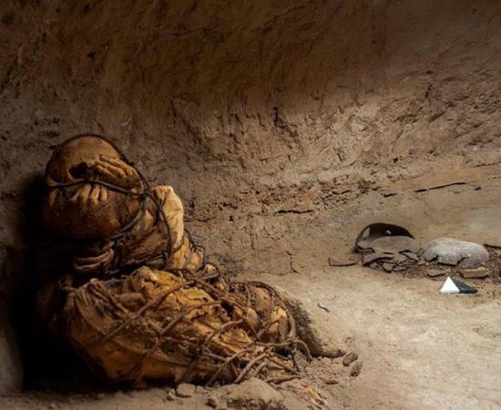 The 800-year-old Peruvian rope-bound mummy in the fetal position as it was found.		Source: UNMSM
