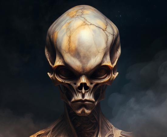 A mysterious photorealistic depiction of the legendary Starchild Skull