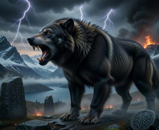 Fenrir, the monstrous wolf of Norse mythology, stands powerfully on a rocky cliff overlooking a misty fjord. With bared fangs and glowing eyes, he lets out a furious roar beneath a stormy sky filled with lightning and volcanic fire in the distance.