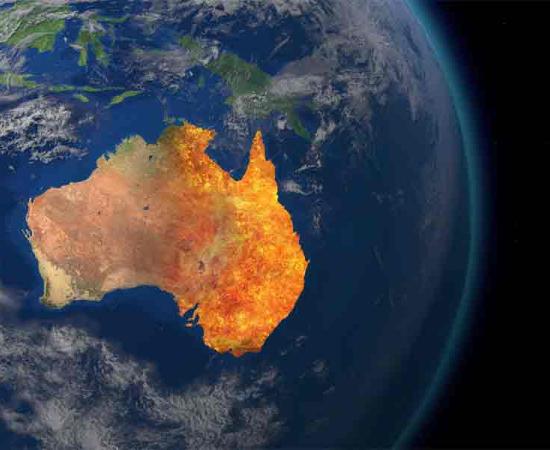Globe map image of the region of Australia, Tasmania and New Guinea and now submerged land which once made up the Sahul landmass. Source: ink drop/Adobe Stock