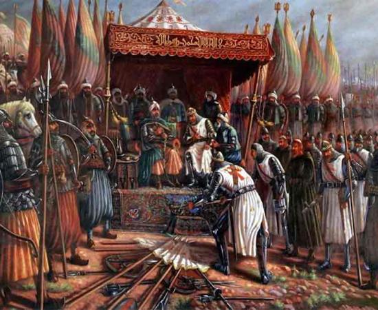 Saladin and Guy de Lusignan after battle of Hattin in 1187. Source: Public Domain
