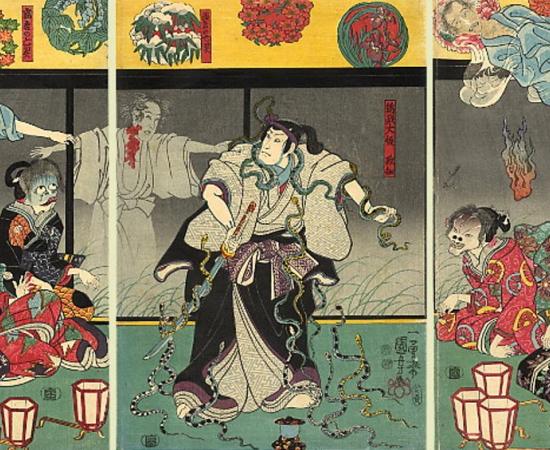 The print depicts a samurai fighting snakes, which are conjured by a ghost as the ghosts of Heian court ladies watch. Japan, 1850. 