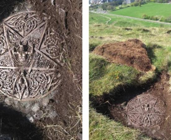 The satanic plaque and altar found in The Queen’s Holyrood Park, Edinburgh, Scotland. 