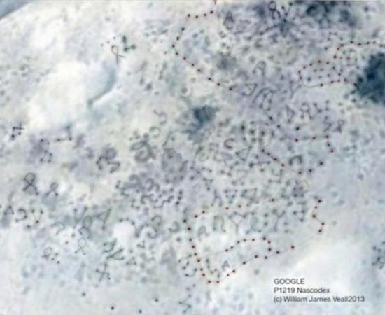 One of the satellite photographs clearly showing the vast amount of inscriptive material discovered by Archaeoastronomer, William James Veall, on the South Atlantic coastline of Uruguay, South America.