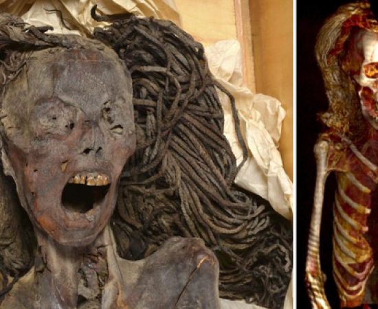 Left; The Screaming Woman mummy, Right; CT scan of the Screaming Woman mummy, wearing her wig.