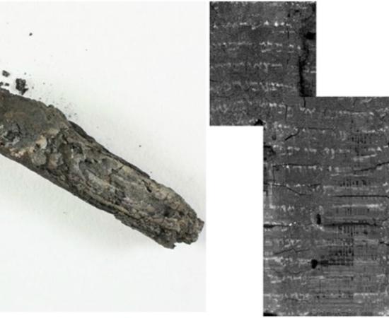 The charred scroll and its virtually unwrapped image with biblical text. 