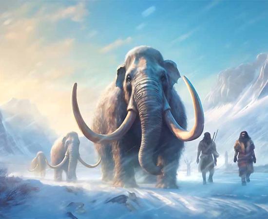 AI representation of Beringia migration with mammoths and humans.            Source: Skrotaa/Adobe Stock