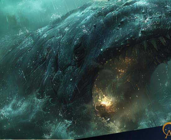 AI image of giant sea monster rising from the depths of the ocean.