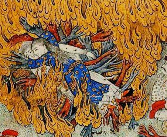 17th century illustration of a woman committing sati: self-immolation on her husband’s funeral pyre. 