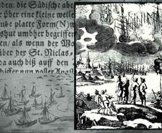 A 1680 engraving accompanying a description by Erasmus Francisci of a battle between ships in the sky said to take place in 1665. 