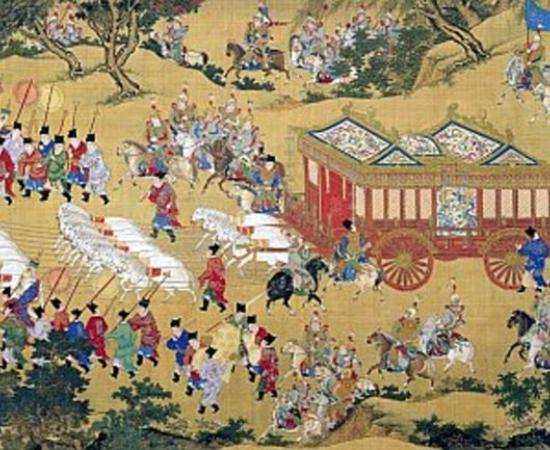 A famous silk scroll, The Emperor Approach, showing the luxury in which the Chinese emperor travelled during the Ming Dynasty, more than a thousand years after Fu Sheng short and brutal rule