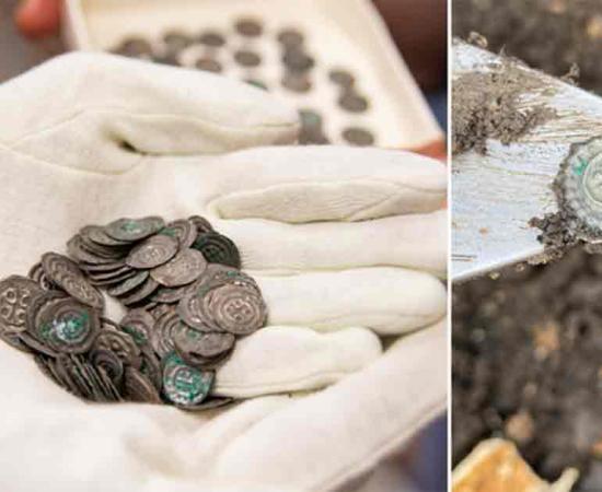 A handful of the medieval coin hoard found in Visingsö, Sweden	Source: Jönköping County Museum