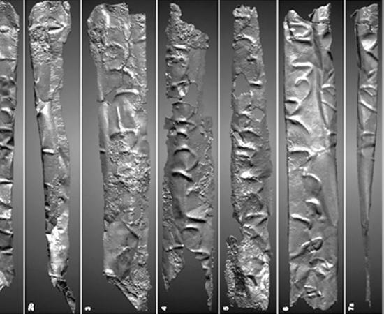 This silver scroll, revealed digitally by a group of researchers, may be an incantation of an 8th century magician in Jordan. The language is unknown, but the practice of placing magical incantations on scrolls and placing them in containers is well known from antiquity. 