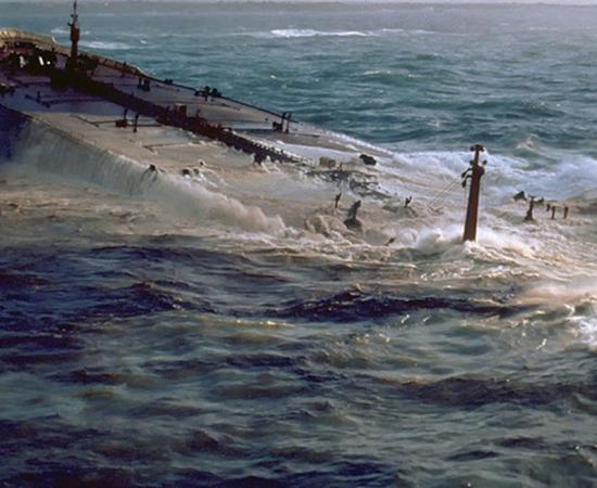 An example of a sinking tanker. AMOCO CADIZ grounding and oil spill, Brittany, France. 