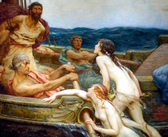 Ulysses (Odysseus) and the Sirens of Greek mythology in a painting dating to circa 1909 by Herbert James Draper. Source: Public domain