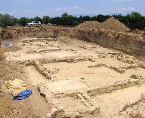 Excavations at the site of Helike. In this case, a Hellenistic-era building; possibly used as a dye-works