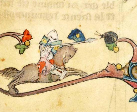 Depiction of a knight vs snail battle from Brunetto Latini's Li Livres dou Tresor from circa 1315 to 1325. Source: British Library