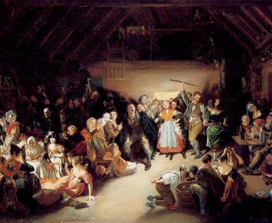 Painting of a crowded nineteenth century Irish Halloween party in a barn, with young people bobbing for apples and dancing while older guests watch